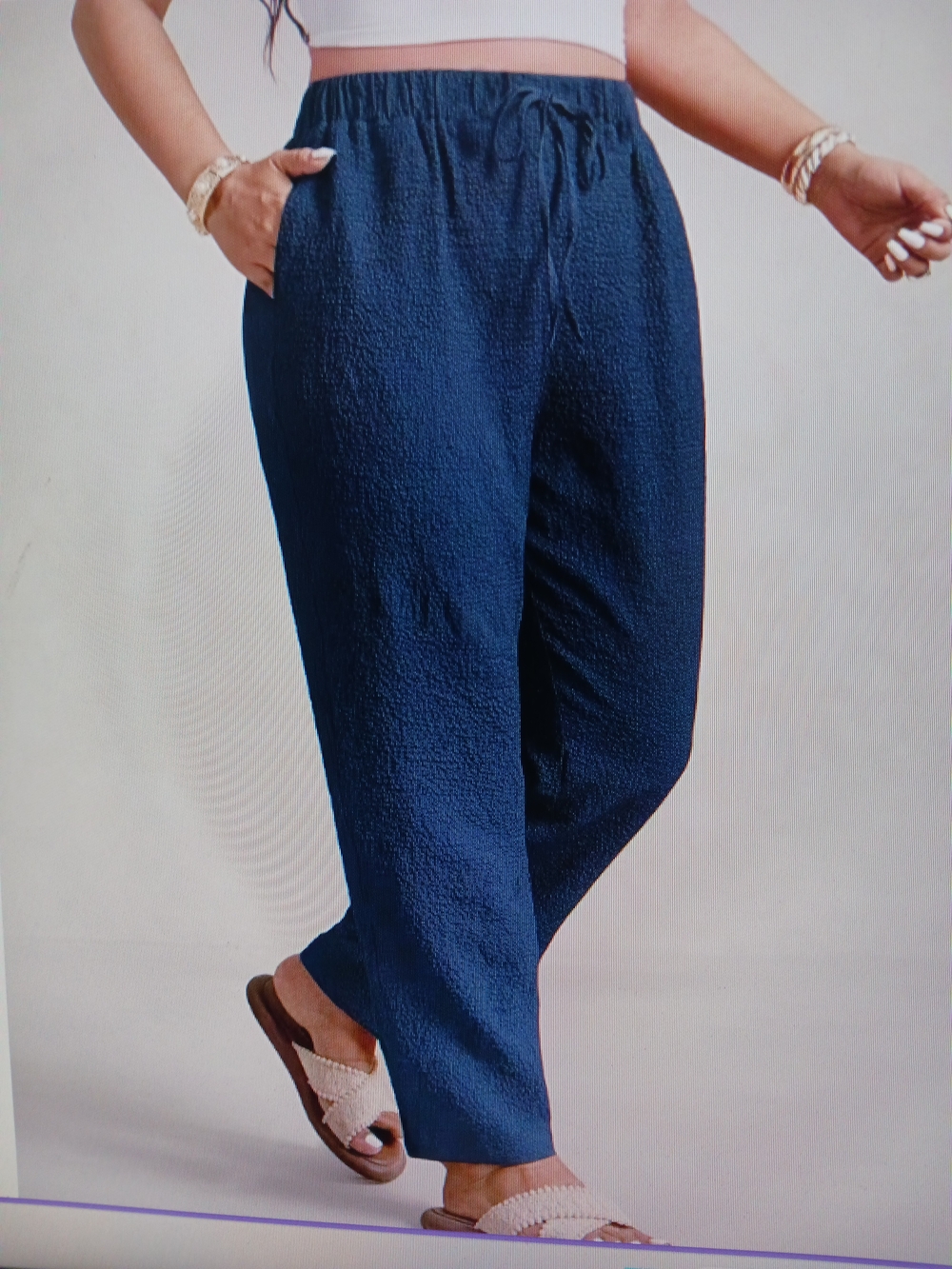 Women's Navy Textured Pull-On Pants
